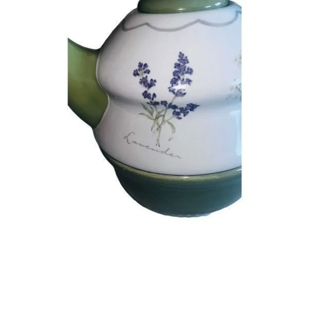 Sonoma Tea set for 1 Stacked Teapot Teacup Herbs Herb Garden 3 pc green/beige
